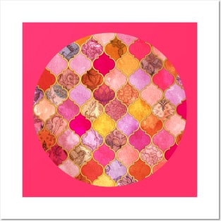 Hot Pink, Gold, Tangerine & Taupe Decorative Moroccan Tile Pattern Posters and Art